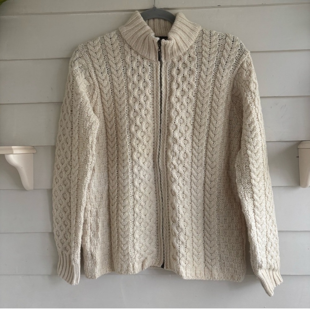 Inis Crafts 100% Merino Wool Irish Aran Zip Sweater | Cream | Medium